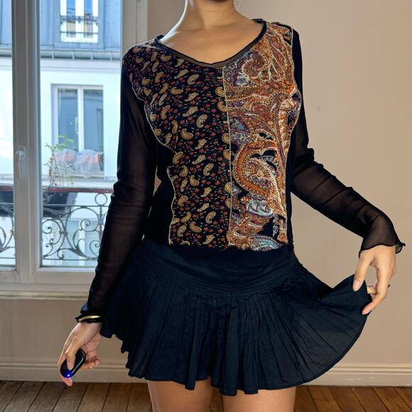 Vintage Italian Patchwork Mesh Top with Sheer Sleeves & Paisley Print (M) - Picture 1 of 7